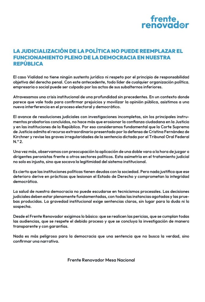 El comunicado del Frente Renovador en apoyo a Cristina Kirchner.