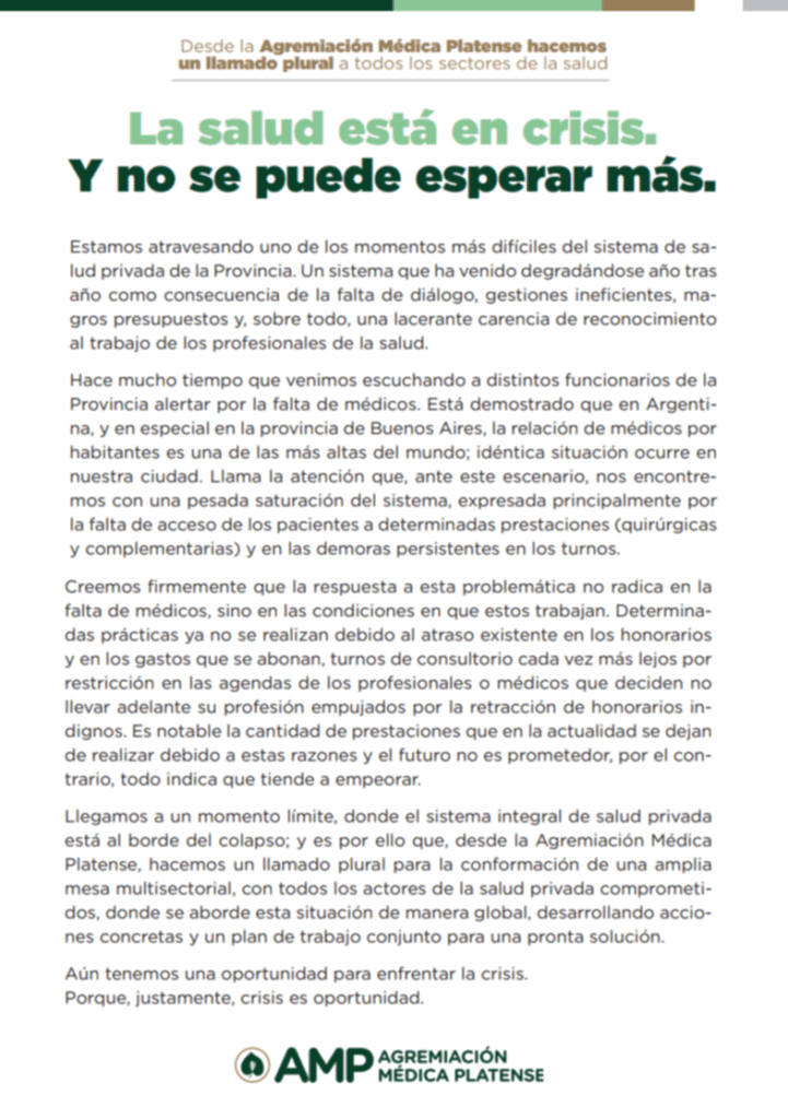 El comunicado de los médicos platenses sobre el delicado panorama de la salud privada. 