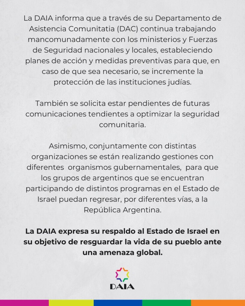 El comunicado de la DAIA frente al ataque de Irán al Estado de Israel.