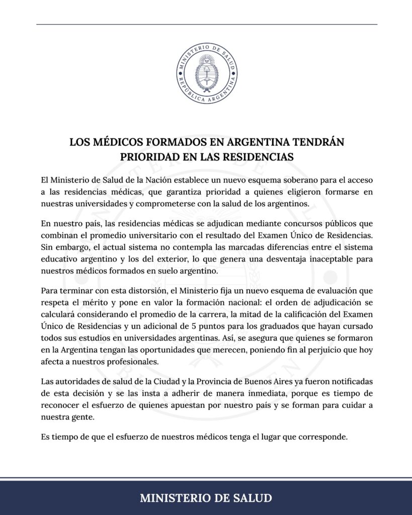 Comunicado sobre el acceso a residencias médicas.