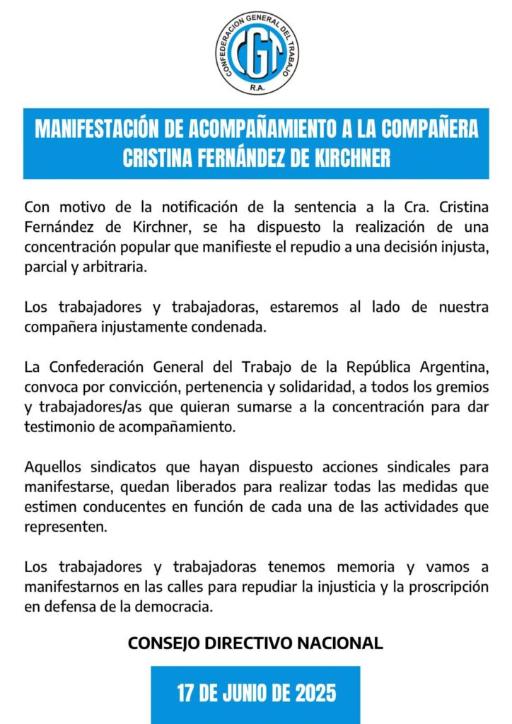 La CGT decidió no participar del encuentro con el PJ pero apoyó la marcha por Cristina Kirchner.