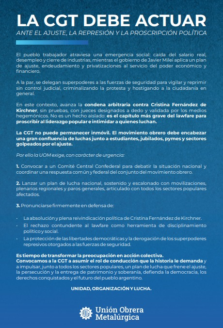 El duro comunicado de los metalúrgicos a la CGT.
