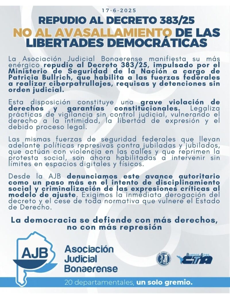 El comunicado de los judiciales bonaerenses en repudio al nuevo estatuto de la Policía Federal.