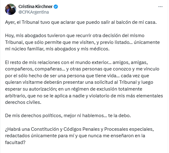 Cristina Kirchner compartió el pedido de su defensa a la Justicia para eliminar la restricción en las visitas.