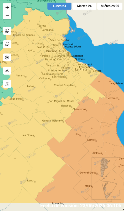El SMN mantiene la alerta amarilla y naranja en distintos puntos del Conurbano bonaerense y la Provincia de Buenos Aires por la ola polar.