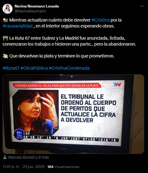 El posteo de Nerina Neumann en torno a la Ruta 67, un viejo reclamo de la senadora hacia el Gobierno bonaerense que involucra a CFK.