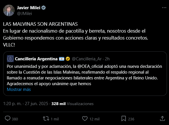 El mensaje de Javier Milei tras la resolución de la OEA sobre las Islas Malvinas.
