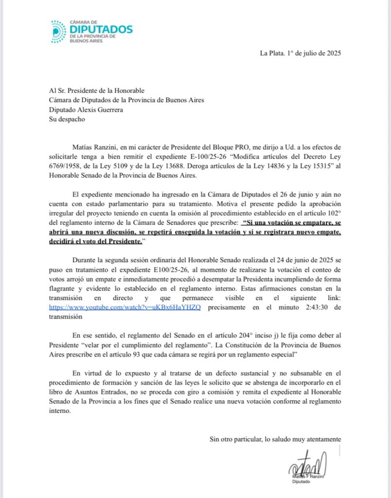 El reclamo del PRO dirigido a las autoridades de Diputados para que devuelva a la Cámara alta el proyecto de reelecciones indefinidas.