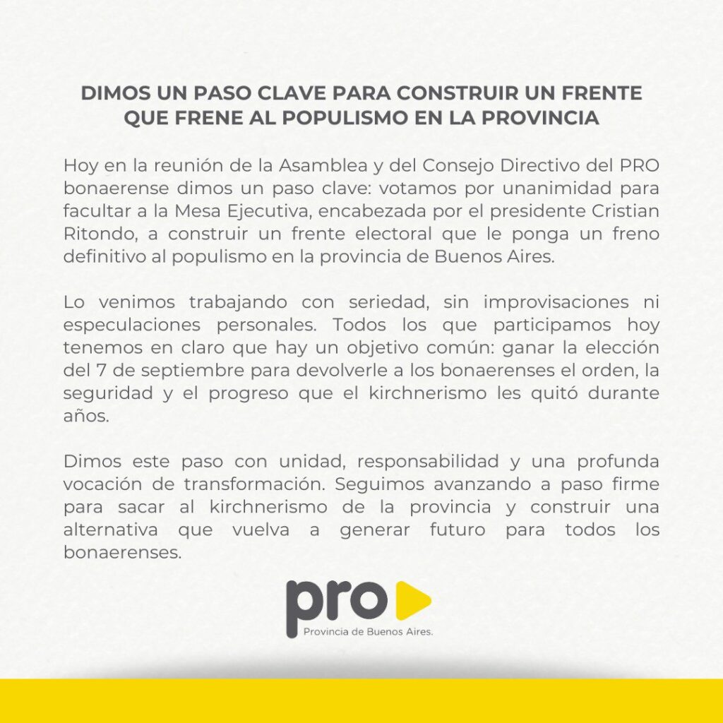 El comunicado del PRO bonaerense tras la asamblea llevada a cabo este viernes.