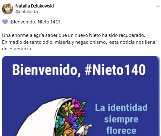 El mensaje de la diputada del GEN, Natalia Dziakowski, tras la aparición del nieto 140.