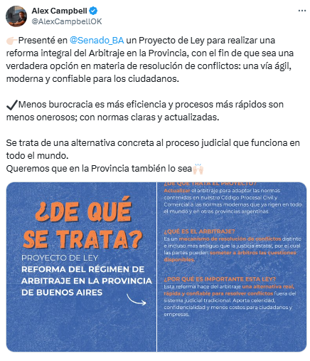 El senador, Alex Campbell, presentó un proyecto para ofrecer una alternativa al proceso al que incurre la Justicia bonaerense tradicional.