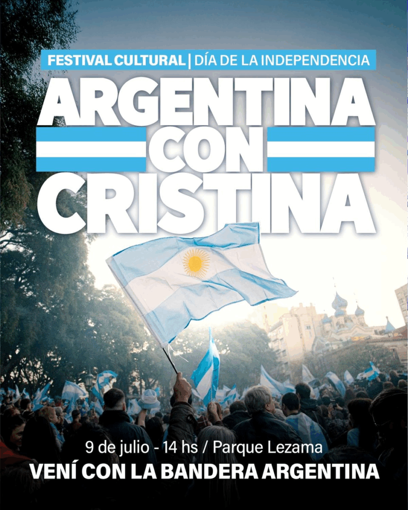 Organizaciones políticas y sociales convocan a marchar a Parque Lezama en apoyo a la expresidenta Cristina Kirchner.