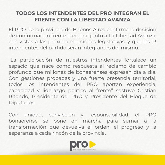 El comunicado del PRO sobre la alianza con La Libertad Avanza.