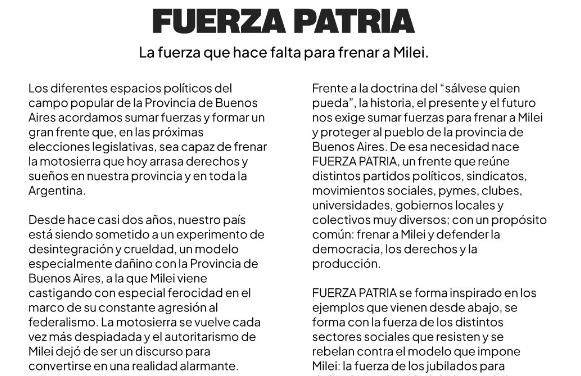 El comunicado que emitió la alianza de unidad del peronismo, Fuerza Patria.