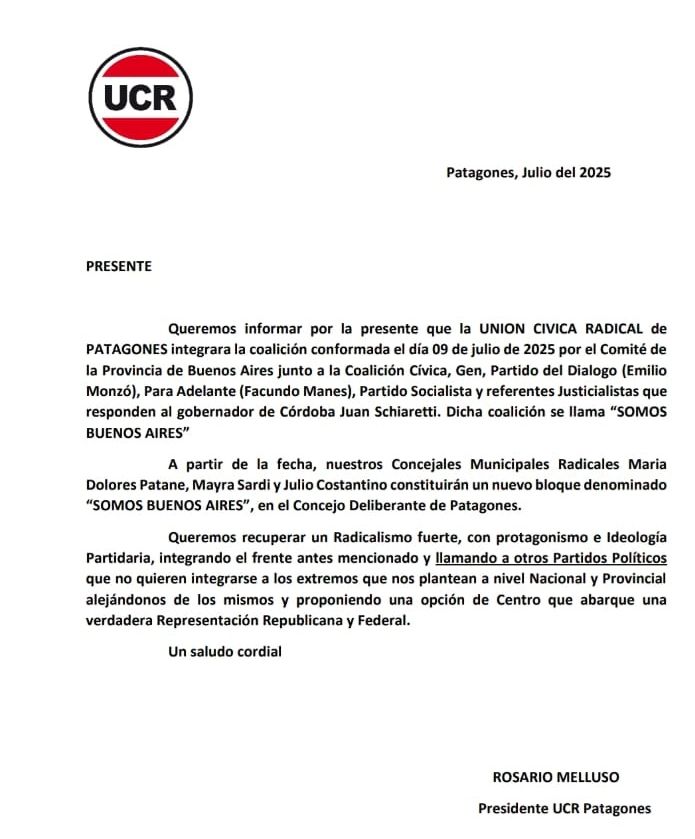 El comunicado de la UCR Patagones.