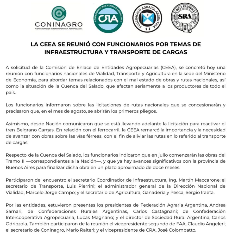 La Mesa de Enlace compartió este comunicado tras el encuentro con funcionarios nacionales por el mal estado de las rutas y caminos.