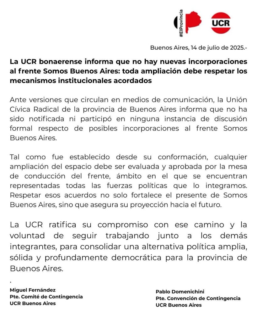 El comunicado de la UCR bonaerense frente a posibles incorporaciones al frente Somos Buenos Aires.