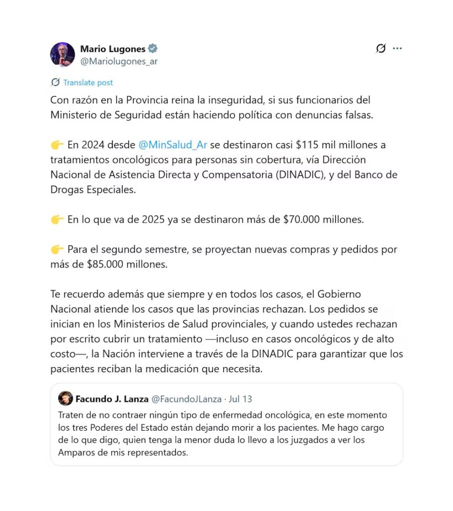 El duro posteo del ministro de Salud, Mario Lugones hacia las críticas del funcionario bonaerense.