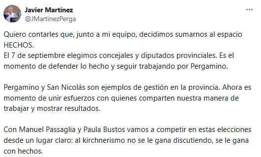 Elecciones 2025: el comunicado del intendente del PRO, Javier Martínez.