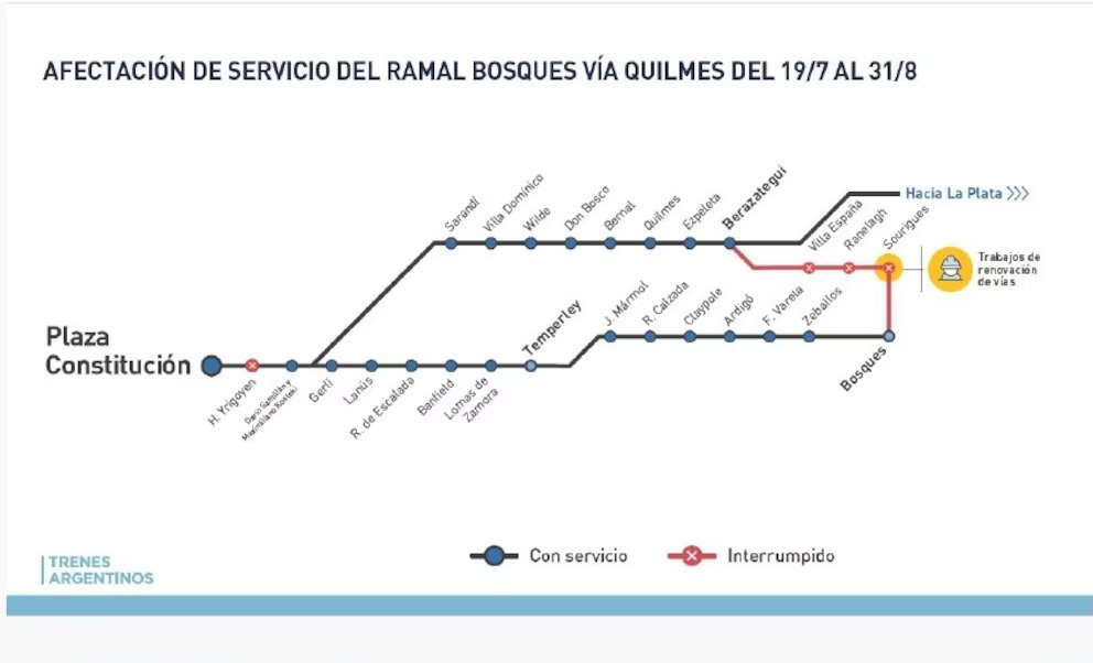 Trenes Argentinos publicó como quedará el nuevo recorrido del ramal Bosques vía Quilmes durante las tareas de mantenimiento y reparación de vías.