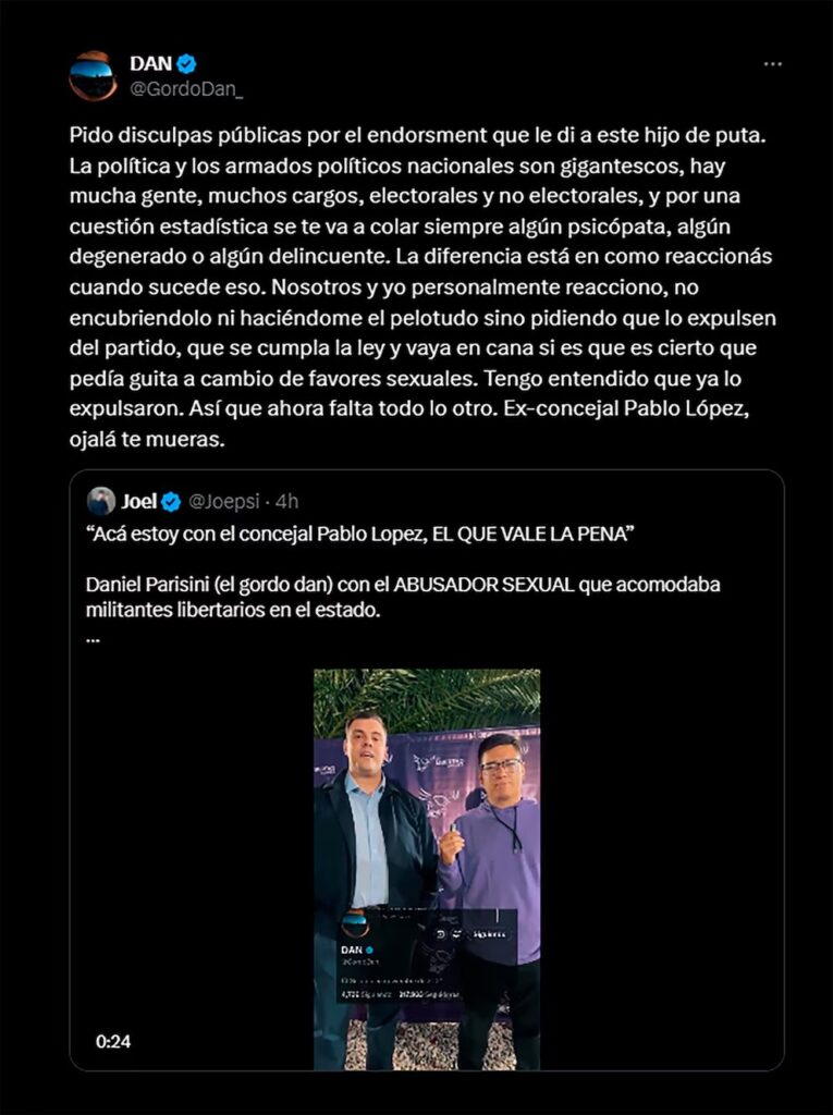 El Gordo Dan utilizó su cuenta de "X" para desmarcarse del ex dirigente libertario, Pablo López.