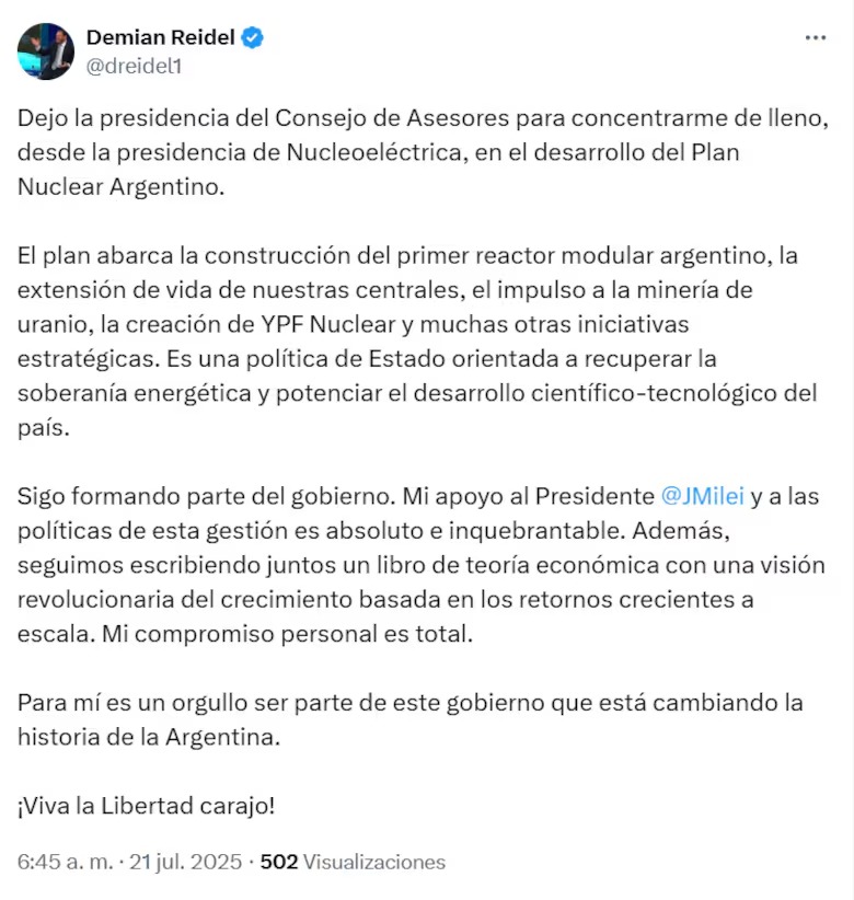 El posteo de Demian Reidel, donde confirma su salida como asesor del gobierno de Javier Milei.