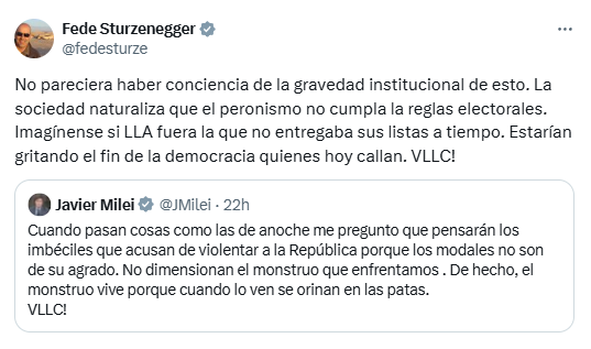 Federico Sturzenegger se plegó a las críticas de Milei por las irregularidades en el cierre de listas para los comicios bonaerenses.