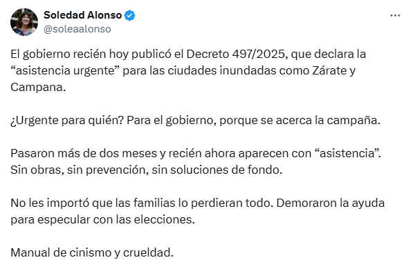 Soledad Alonso apuntó contra la asistencia tardía del Gobierno nacional y acusó a Milei de usar al norte bonaerense en clave electoral.