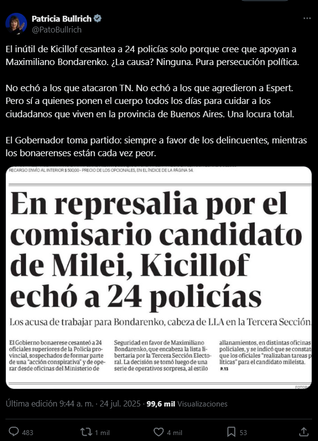El mensaje de Bullrich contra Kicillof por la polémica de los policías.