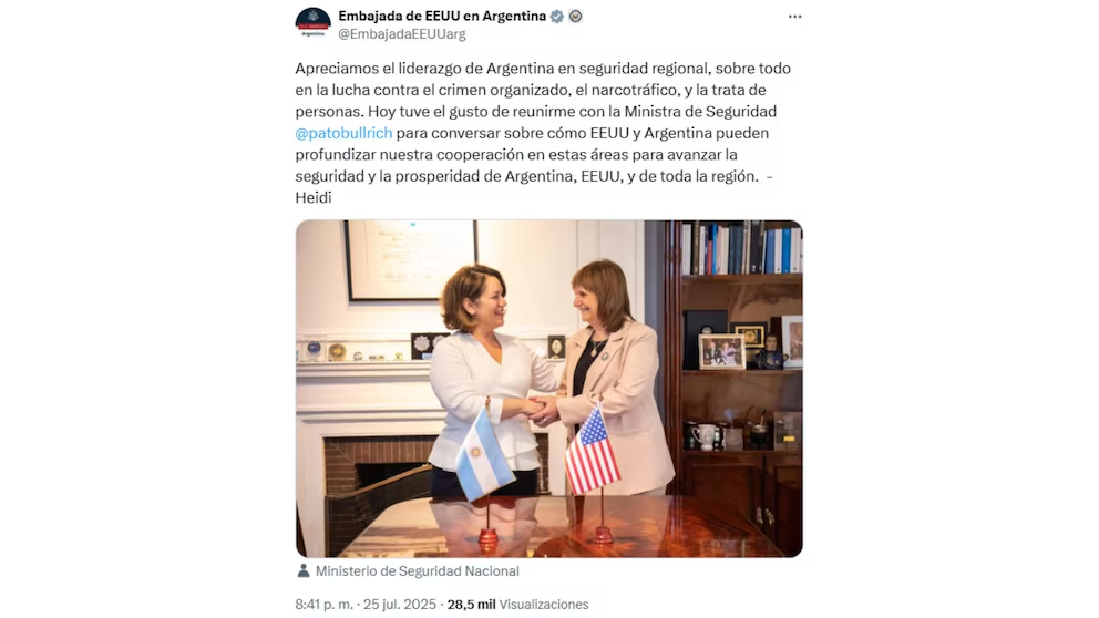 La Embajada de EE.UU celebró la visita de la funcionaria y el encuentro con la ministra Patricia Bullrich.