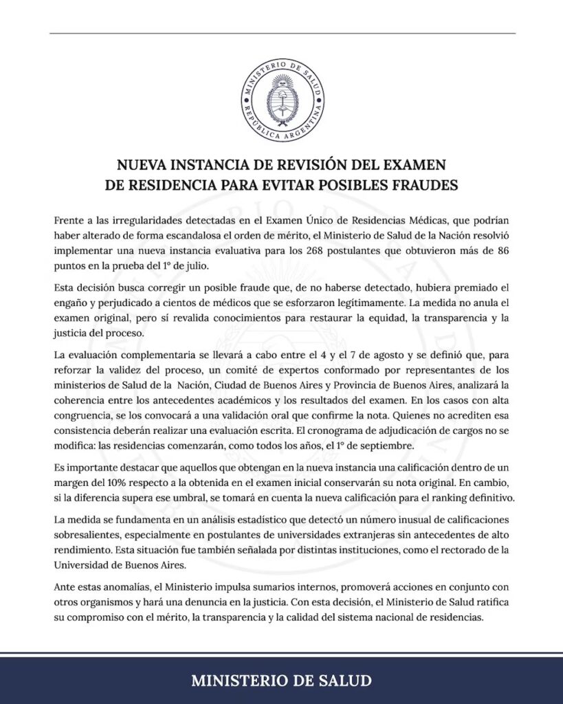 Luego de los rumores de fraude, el Ministerio de Salud confirmó a través de un comunicado, la reprogramación de los exámenes de residencias médicas.