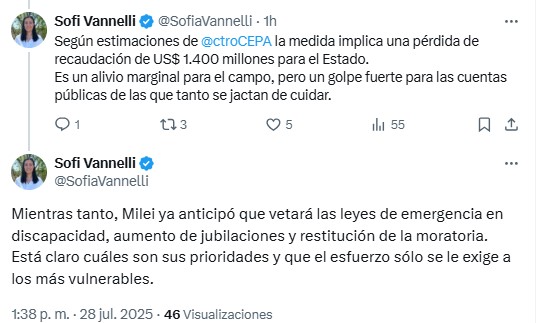 Los cuestionamientos de la senadora Vannelli a la baja de retenciones anunciada por el Gobierno nacional. 