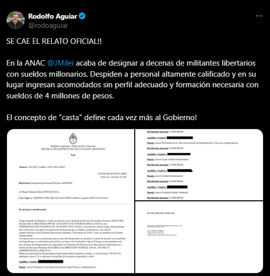 La denuncia de Aguilar contra el gobierno de Javier Milei sobre contratos para militantes en la ANAC.