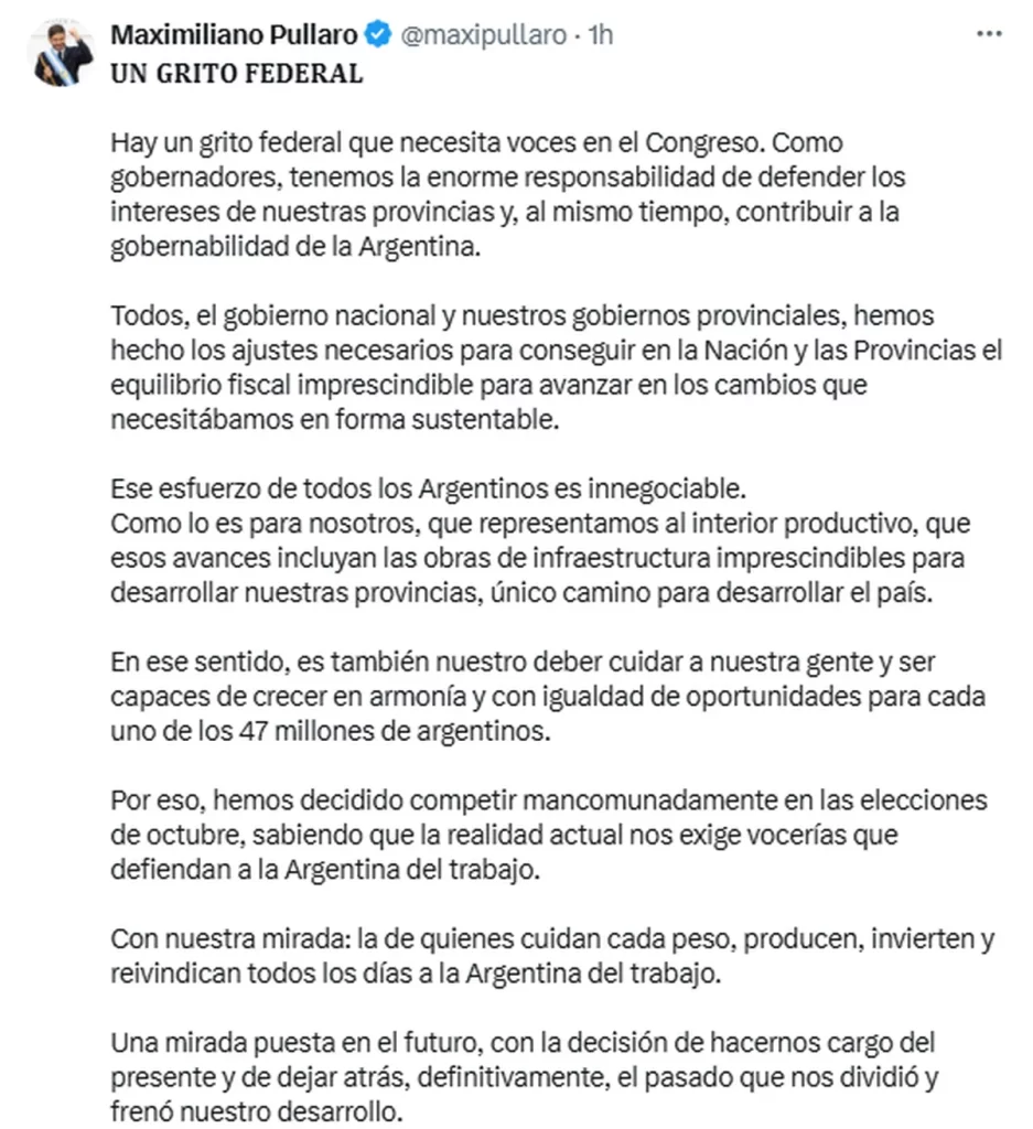 Maximiliano Pullaro (Santa Fe), uno de los gobernadores participantes de la coalición, difundió el comunicado fundacional del espacio a través de sus redes.