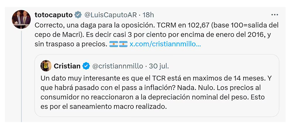 Tras la disparada de $50 del dólar, el ministro de Economía, Luis Caputo, relativizó la suba. 
