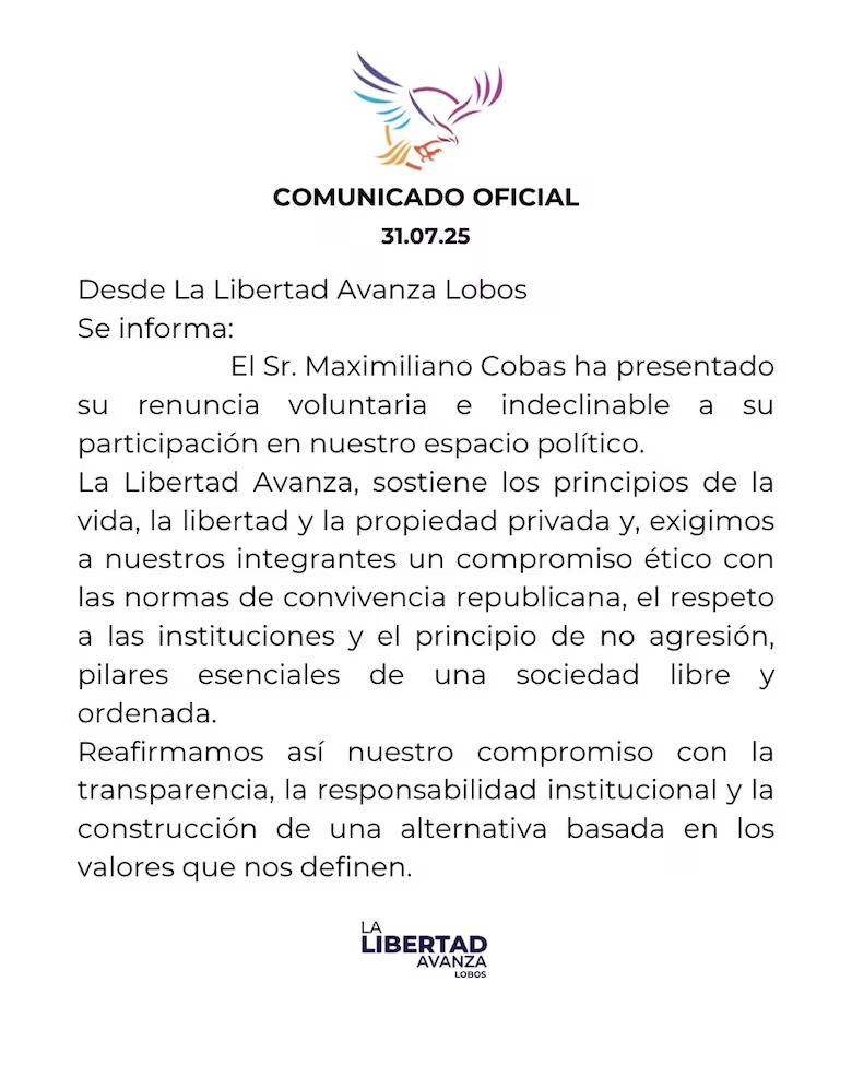 El comunicado de la seccional de La Libertad Avanza en Lobos que confirma la renuncia de Cobas.