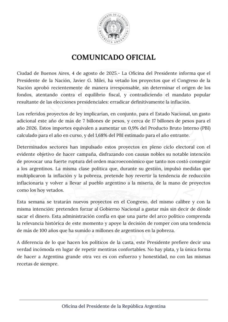 El comunicado oficial del Gobierno, en respaldo al veto presidencial de Milei a las leyes de jubilaciones y discapacidad.