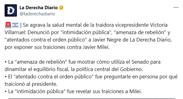 Así anunció la Derecha Diario la denuncia de Villarruel a Javier Negre, Lilia Lemoine y los twitteros.