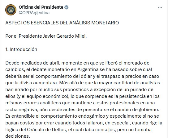 El inicio del extenso texto publicado por el presidente Javier Milei para defender su gestión económica.