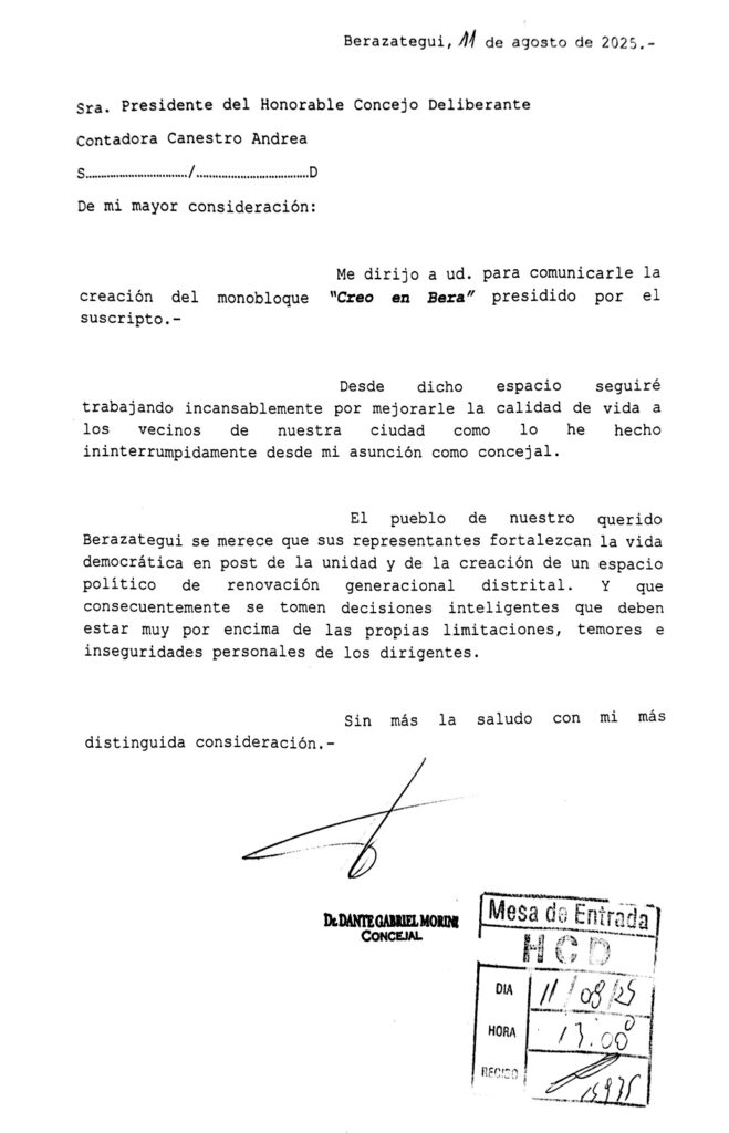 El exconcejal libertario de Berazategui, Dante Morini, oficializó su monobloque “Creo en Bera” y se sumó a las recientes rupturas en la alianza entre el PRO y LLA.