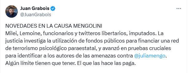 Juan Grabois representa a Julia Mengolini en la causa que investiga a Milei, Lilia Lemoine y un ejército de trolls orquestados por el Gobierno.