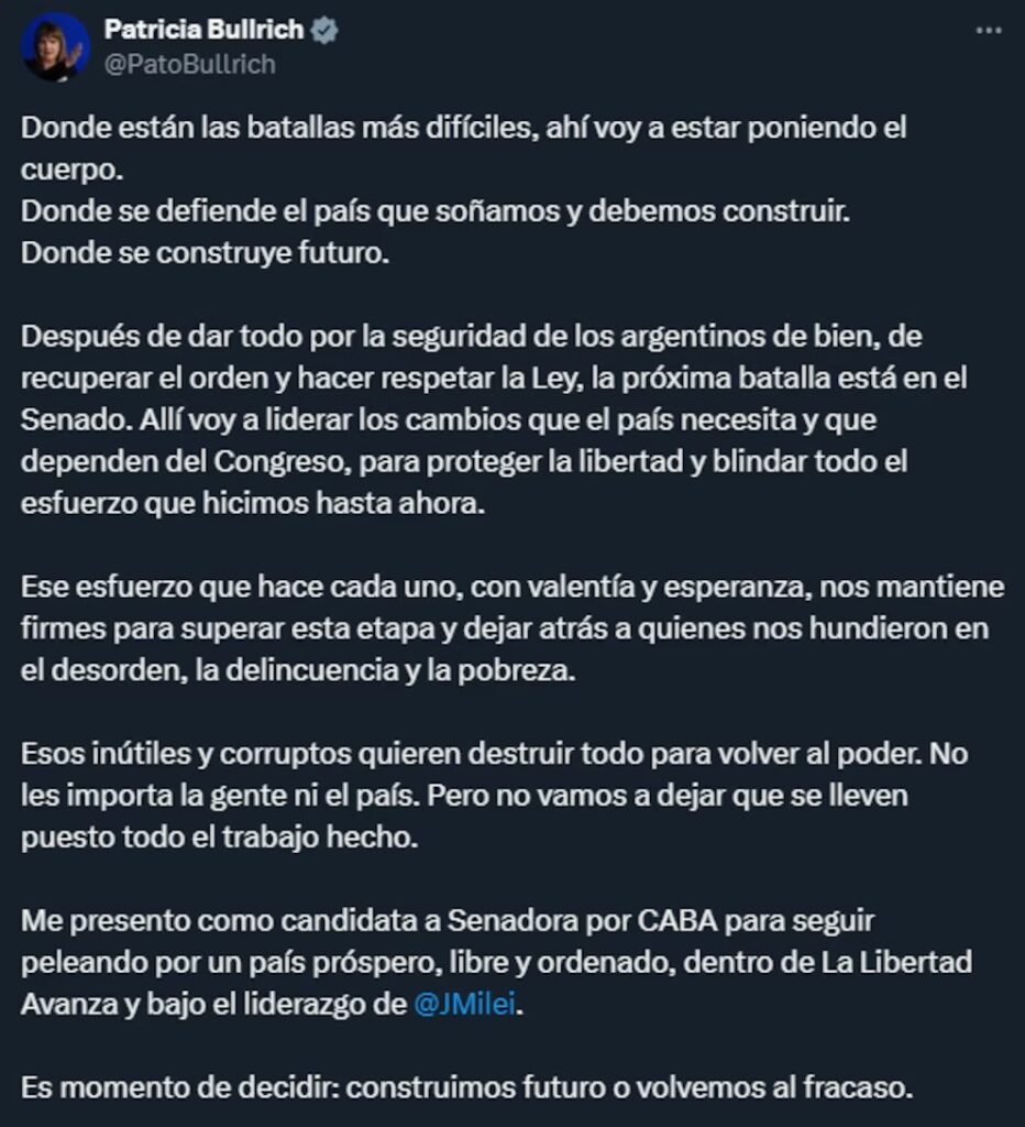 Patricia Bullrich oficializó su candidatura a senadora por la Ciudad de Buenos Aires. 