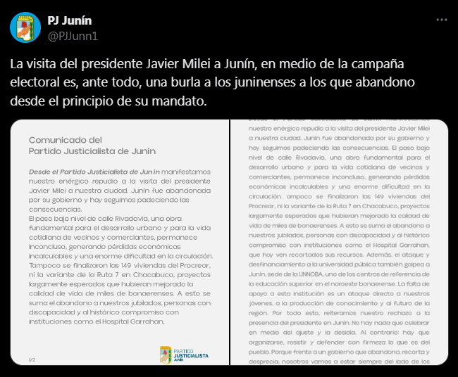 El Partido Justicialista de Junín repudió la llegada de Javier Milei.