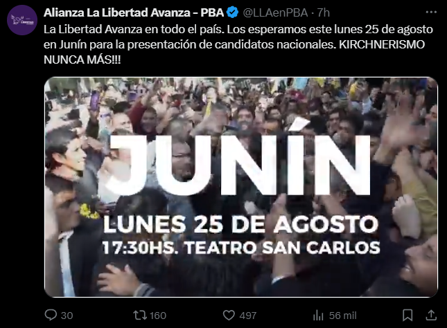 Javier Milei retoma este lunes la campaña electoral con un acto en Junín, en el que presentará a los candidatos a diputados nacionales de La Libertad Avanza. 