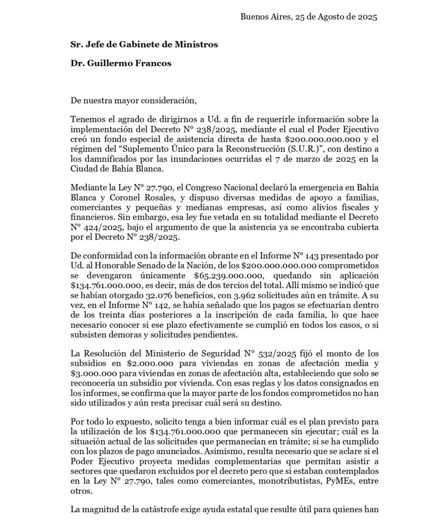 El pedido de informes completo de los legisladores de la Coalición Cívica al Gobierno nacional. 