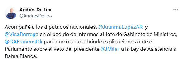 Andrés De Leo se sumó al reclamo de los diputados nacionales de la Coalición Cívica por los fondos para Bahía Blanca.