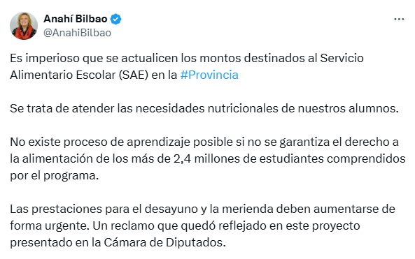 Anahí Bilbao cuestionó el monto por alumno del Servicio Alimentario Escolar y le pidió al Gobierno bonaerense que lo actualice con urgencia. 