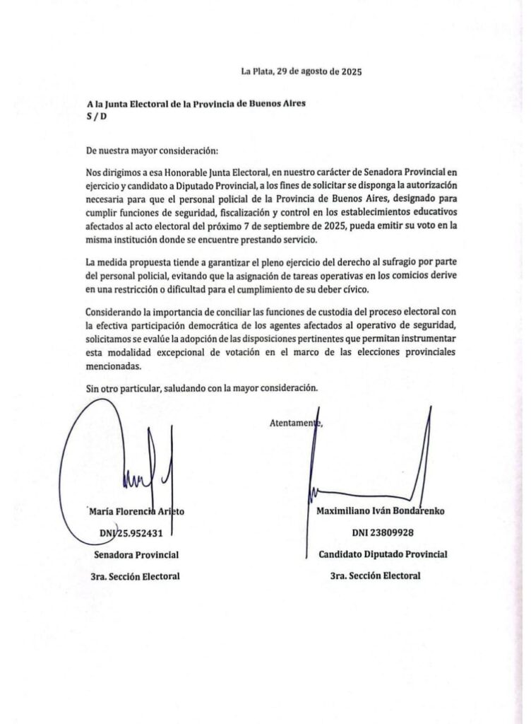 Con el sello de La Libertad Avanza, Arietto y Bondarenko se unieron para exigirle a la Junta Electoral bonaerense que garantice el voto de la Policía de la Provincia en las elecciones del próximo 7 de septiembre.