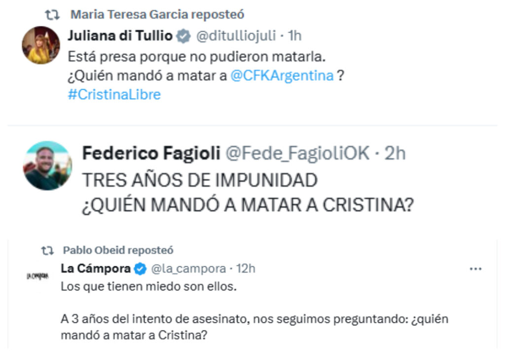 A tres años del atentado a Cristina Kirchner, diputados y senadores de Unión por la Patria recordaron la trágica noche y pidieron justicia por la titular del PJ.