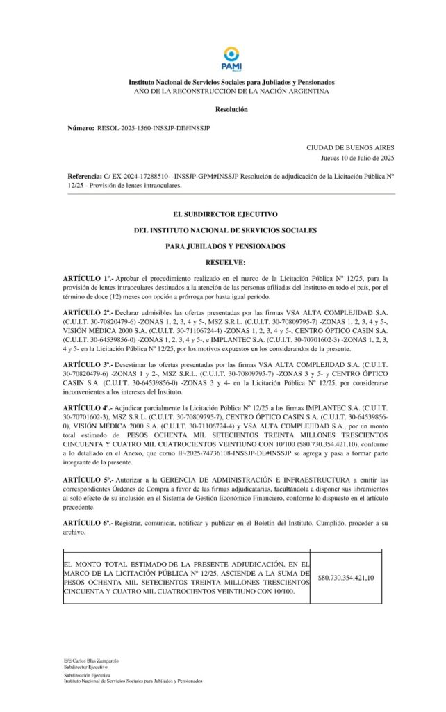 
La denuncia completa de ATE al PAMI por la compra de lentes intraoculares de baja calidad y con sobreprecios.